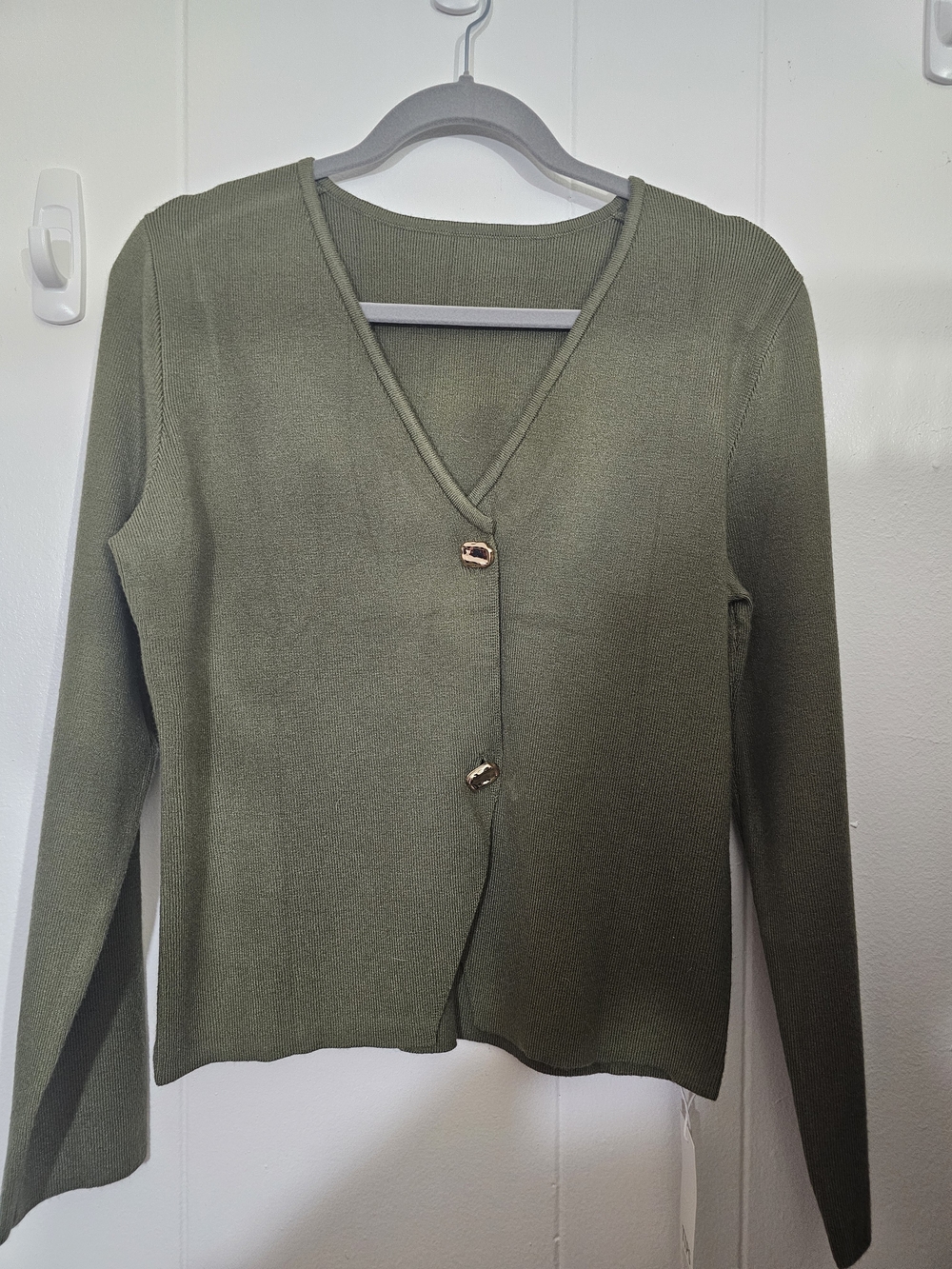 Saodimallsu Olive Green Knit Cardigan with Gold Accent Button